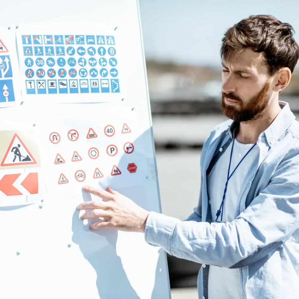 Instructeur wijst verkeersborden aan op een bord